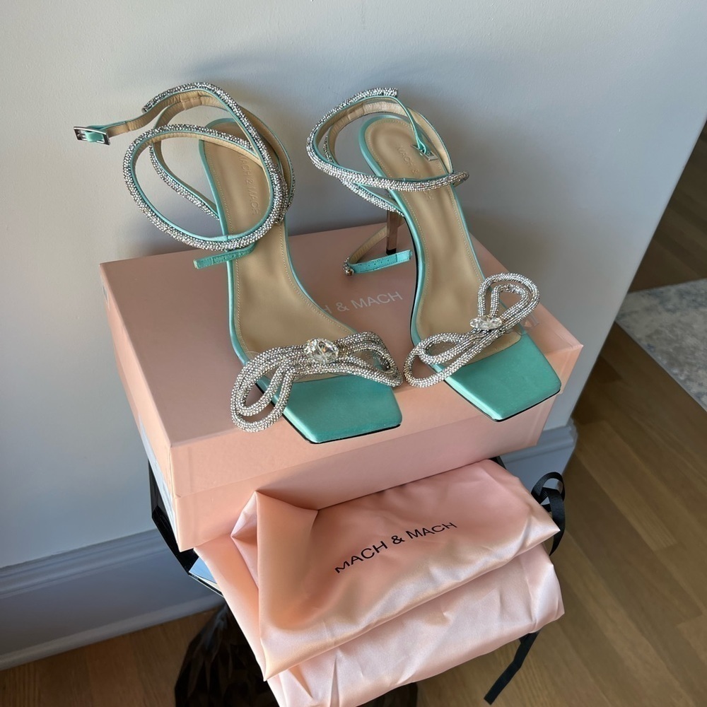 MACH & MACH Double Crystal Bow Square Toe Sandal Mint - Picture 4 of 14
